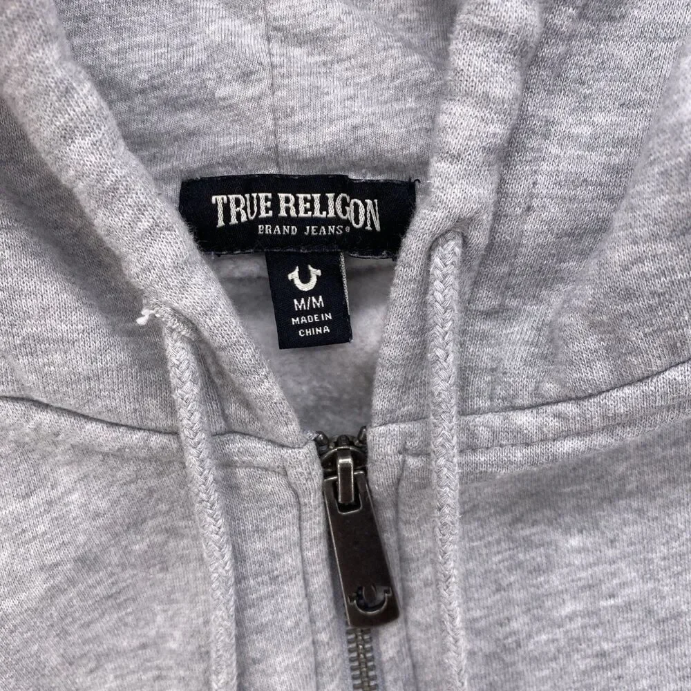 True Religion Men Hoodie Zip Up Gray Blue Alumni Buddha Big Horseshoe Fleece Med
